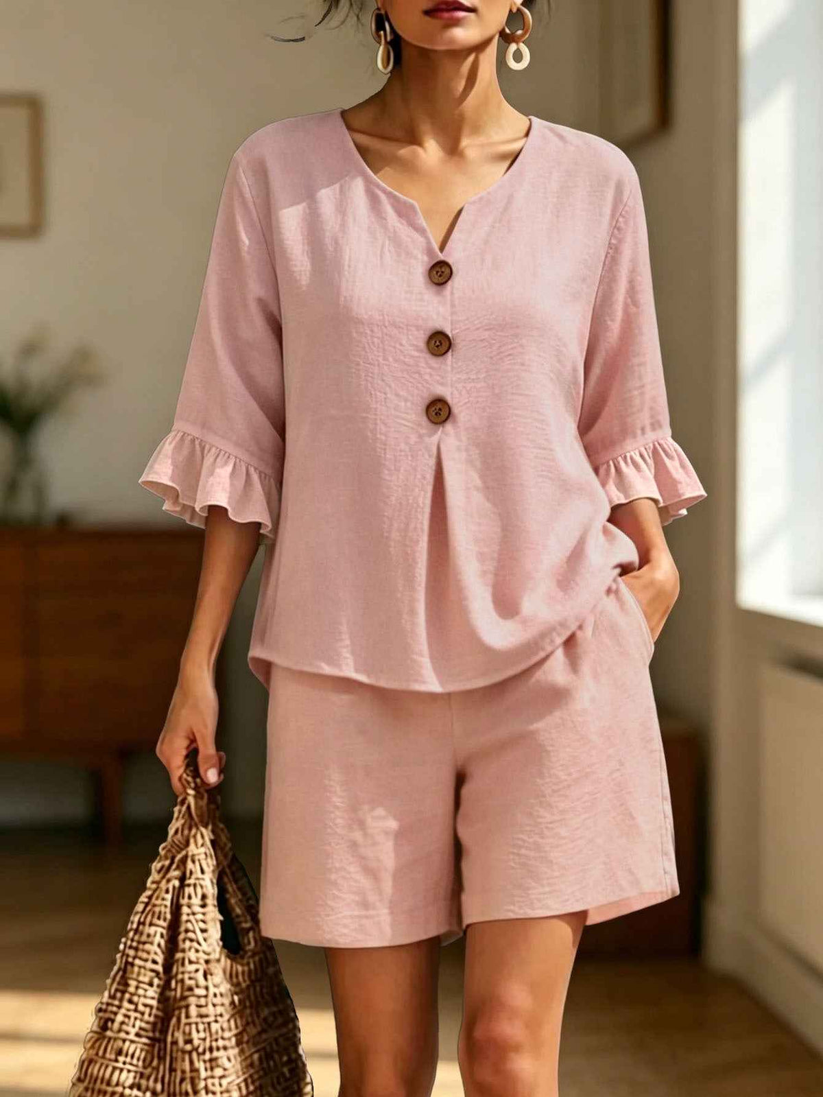 Shorts Suits Womens Two-Piece Buttoned V-Neck Ruffle-Trim Top