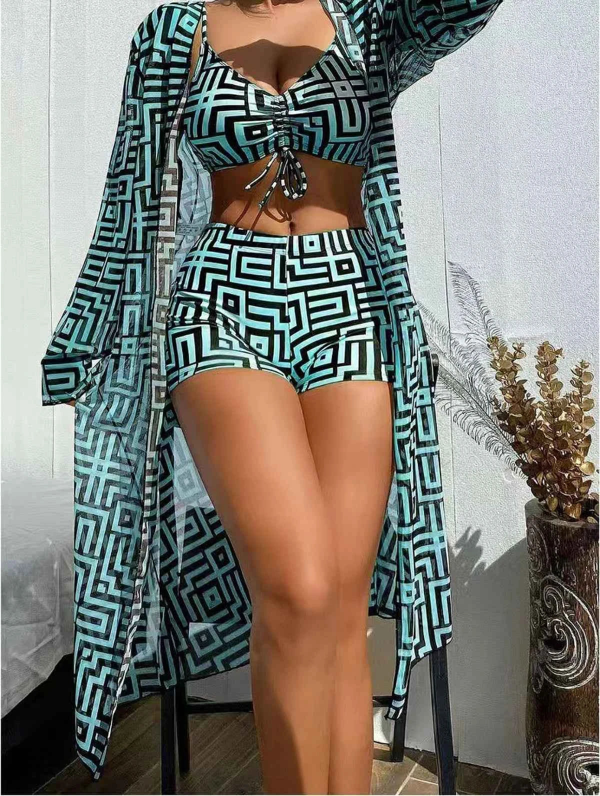 3-Piece Blue Bikini Set with Wrap