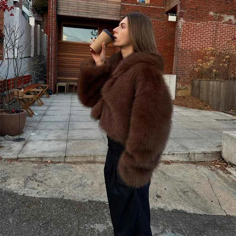 Elegant Lapel Faux Fur Coat