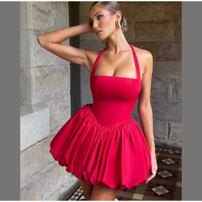 Bellanica - Elegant Pink Halter Pleated Mini Dress