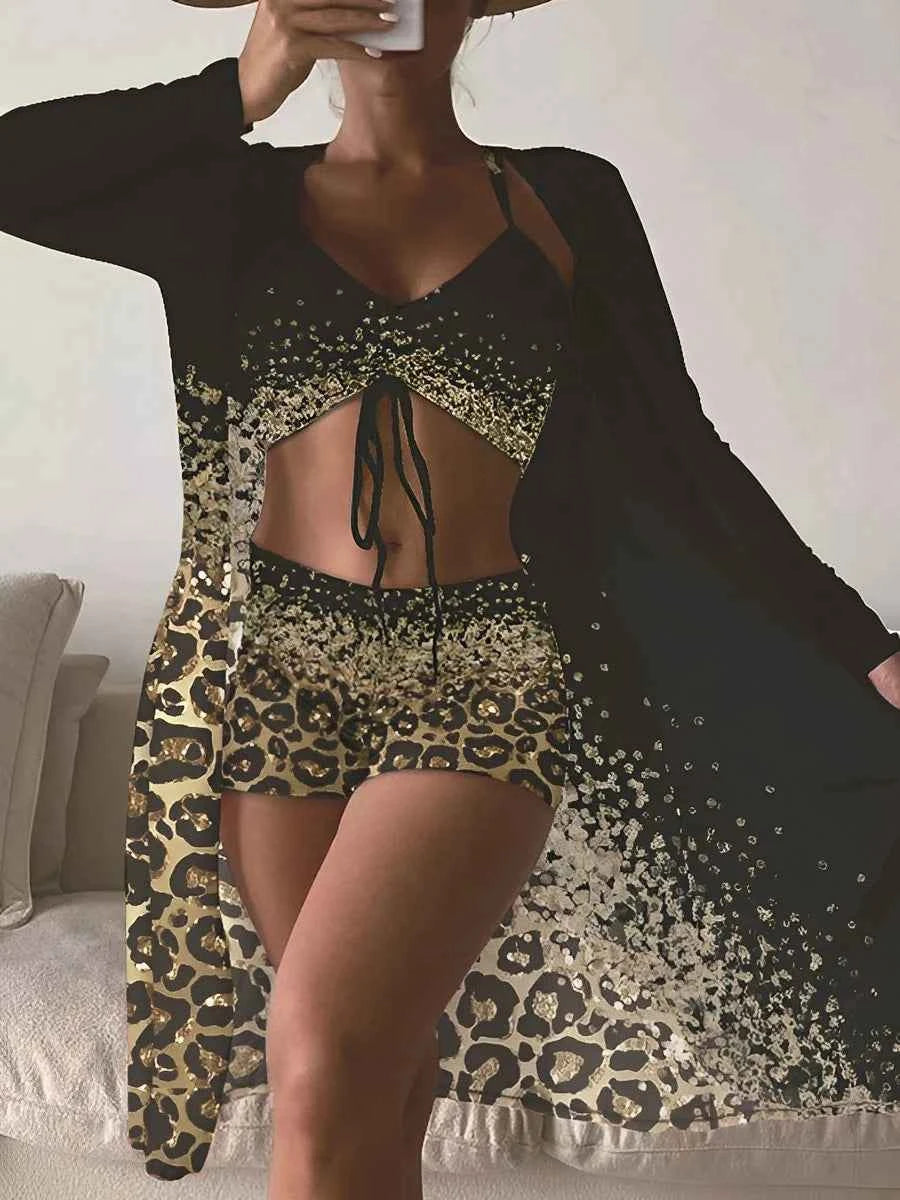 Printed Bikini Set with Kimono Cover-Up