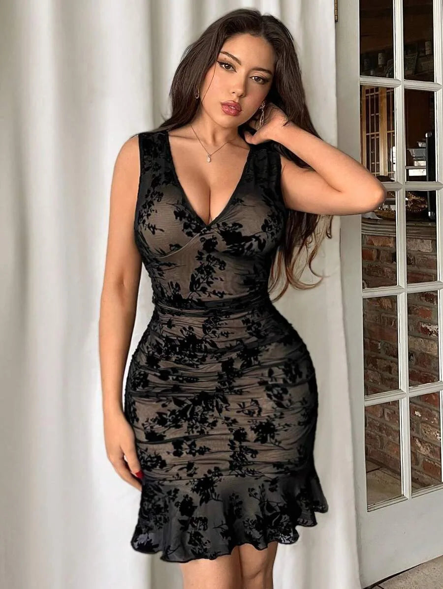 Bellanica - Elegant Mesh V-Neck Ruffle Dress