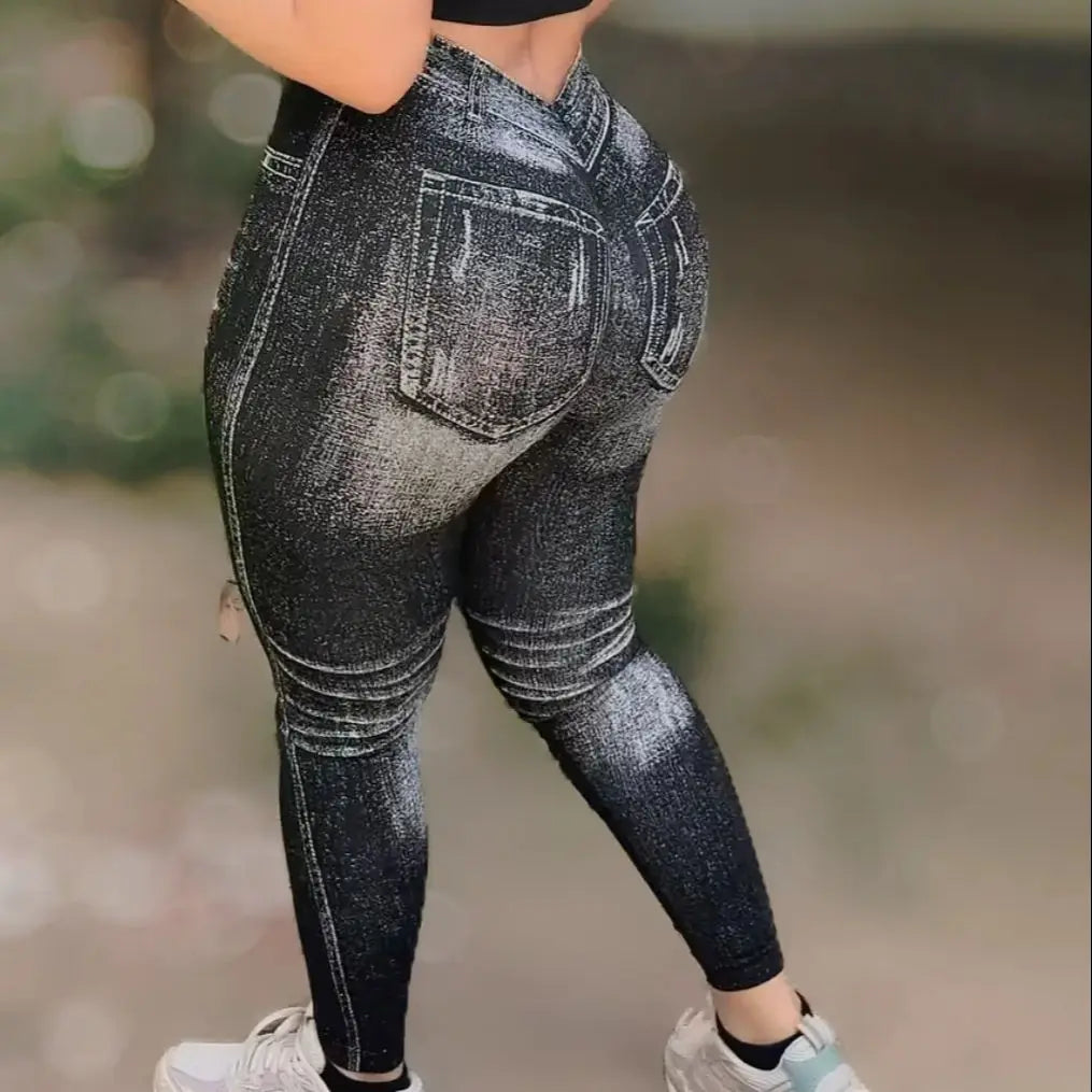 Bellanica - Faux Denim V-Back Gym Leggings
