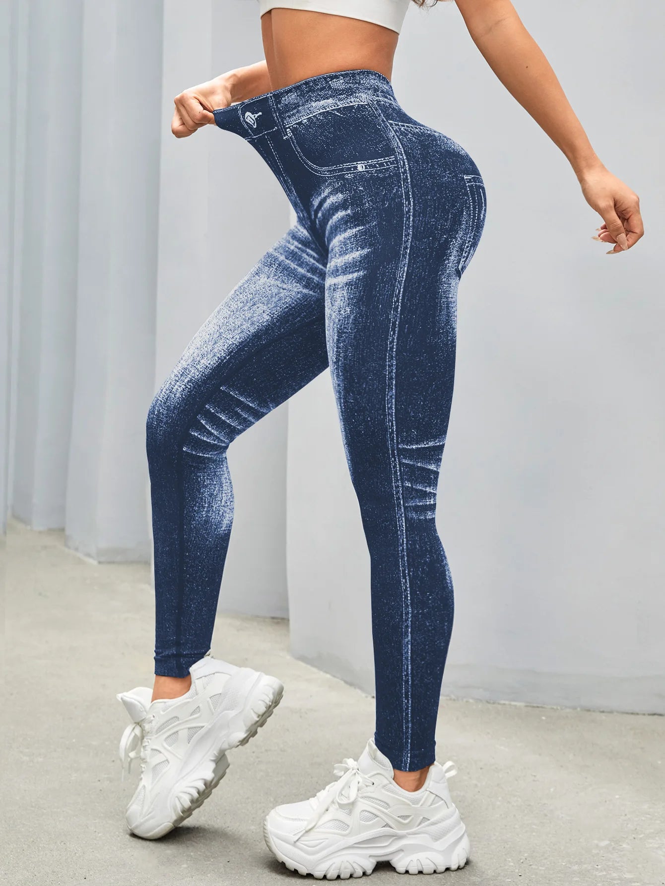 Bellanica - Faux Denim V-Back Gym Leggings