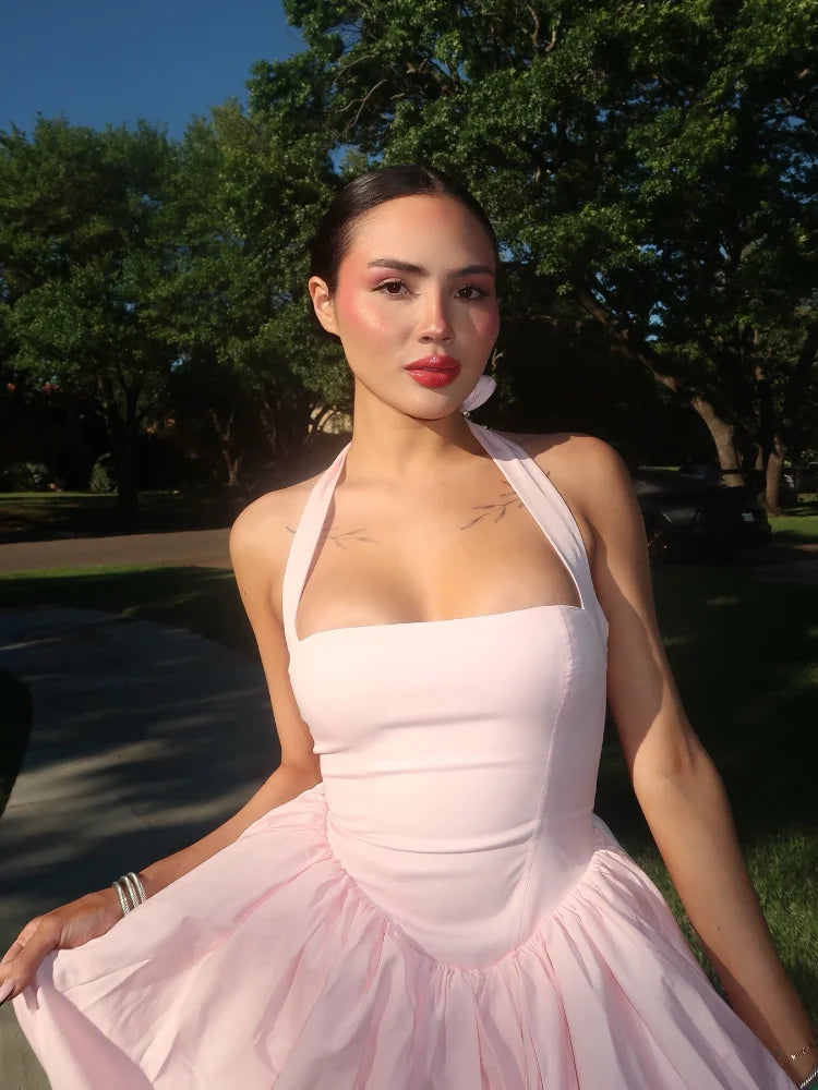 Bellanica - Elegant Pink Halter Pleated Mini Dress