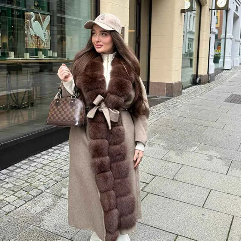 Fur-Spliced Lace-Up Wool Coat