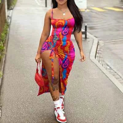 Sexy printed split summer suspender dress