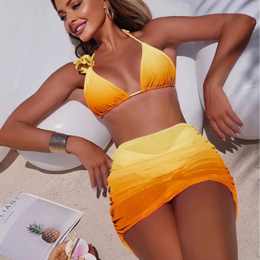 Bellanica - Gradient Halter Bikini Set with Skirt