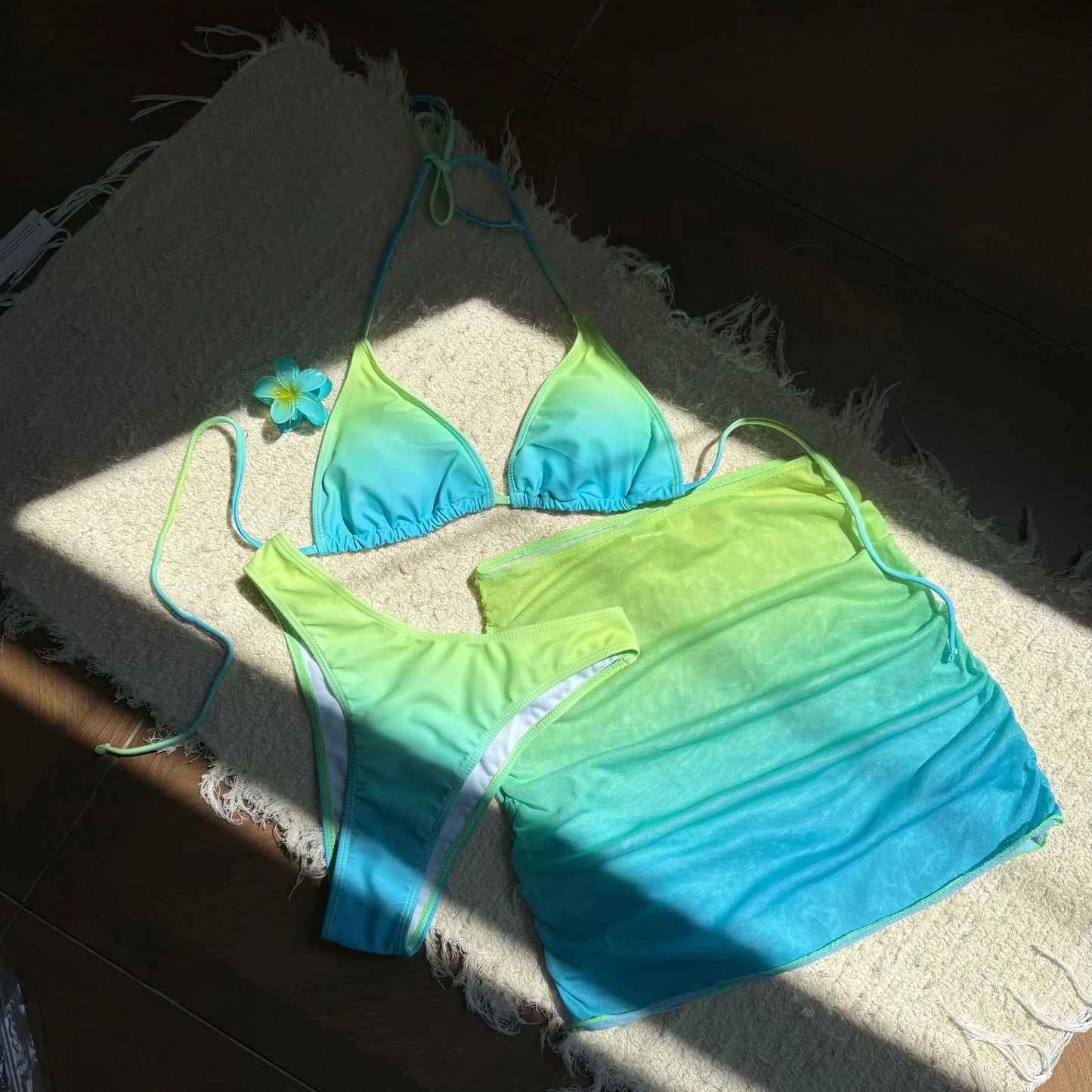Bellanica - Gradient Halter Bikini Set with Skirt