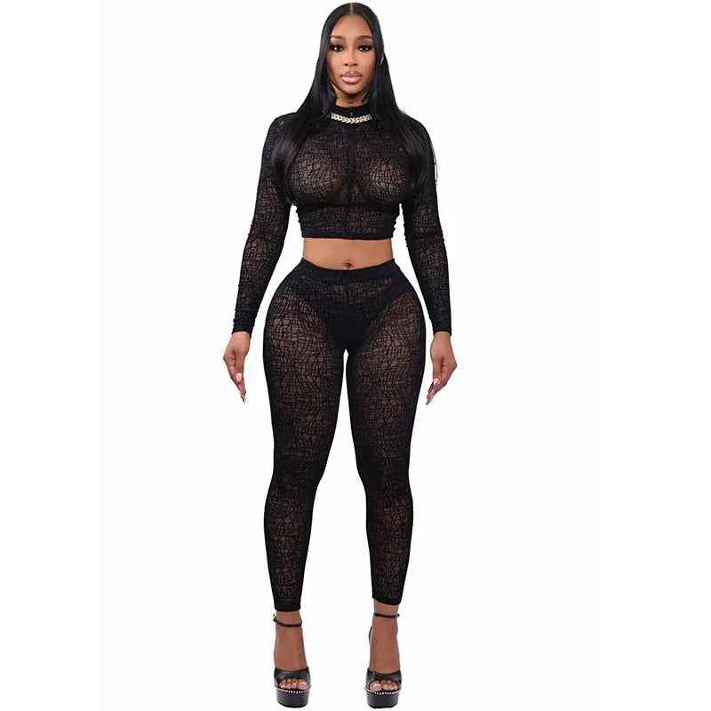 Sheer mesh two-piece clubwear crop set