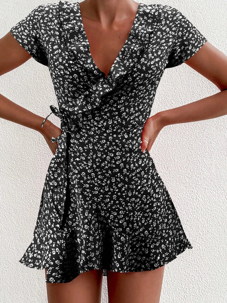 Bellanica - Floral Ruffle V-Neck Mini Dress