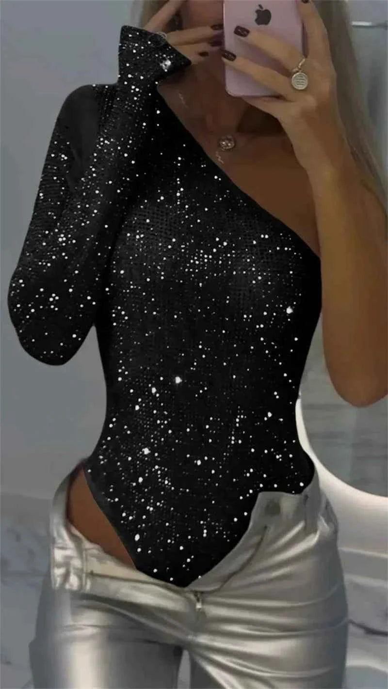 One-Shoulder Sequin Rhinestone Bodysuit