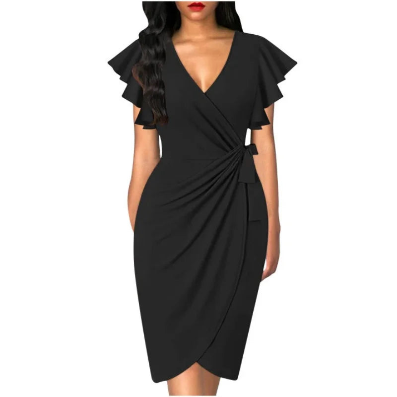 Bellanica - Faux Wrap V-Neck Ruffle Dress