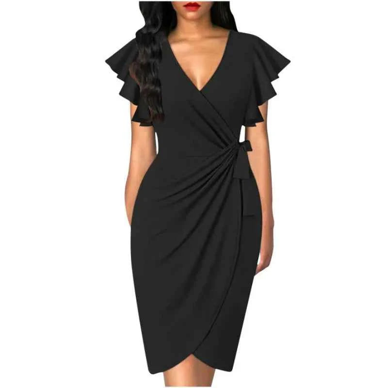 Faux Wrap V-Neck Ruffle Dress