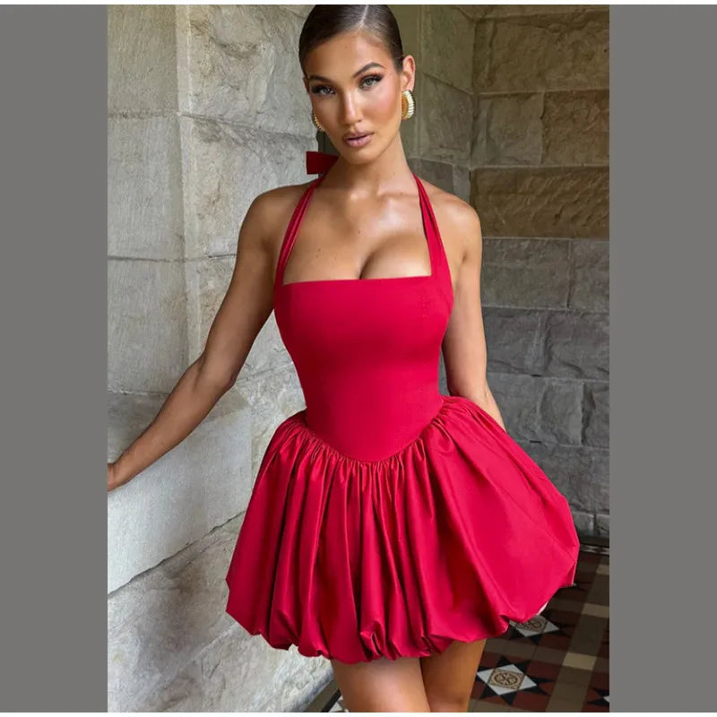 Bellanica - Elegant Pink Halter Pleated Mini Dress