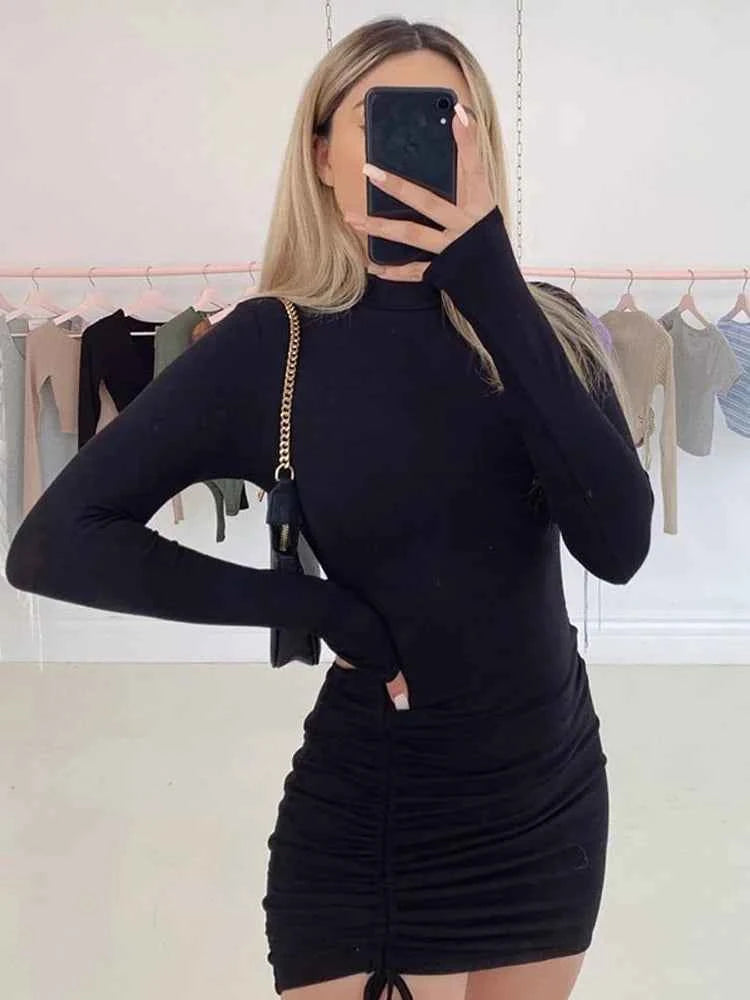 Ruched Turtleneck Bodycon Mini Dress