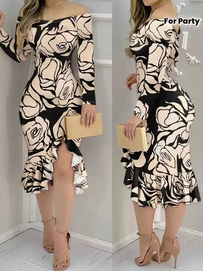 One-shoulder printed dress with ruffled slit