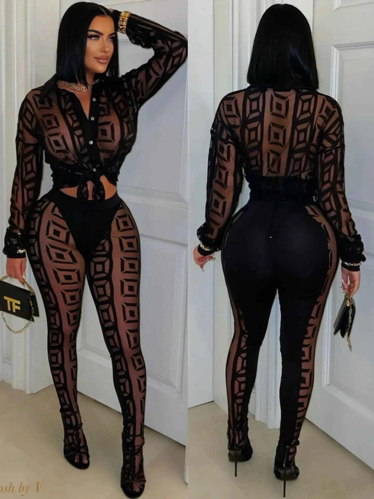 Mesh crop top pants streetwear set