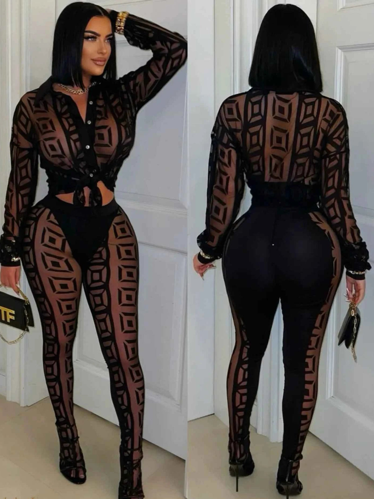 Mesh crop top pants streetwear set
