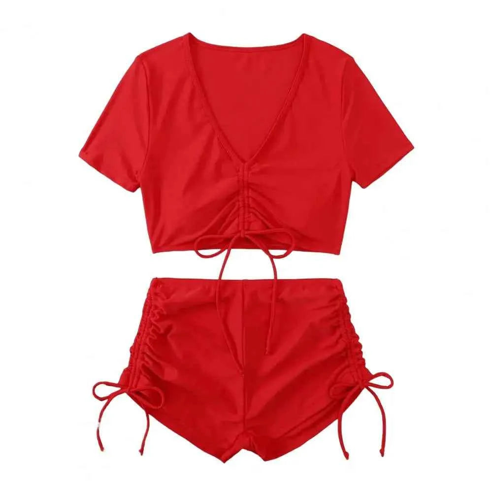 V-Neck Short-Sleeve High-Waist Bikini Set