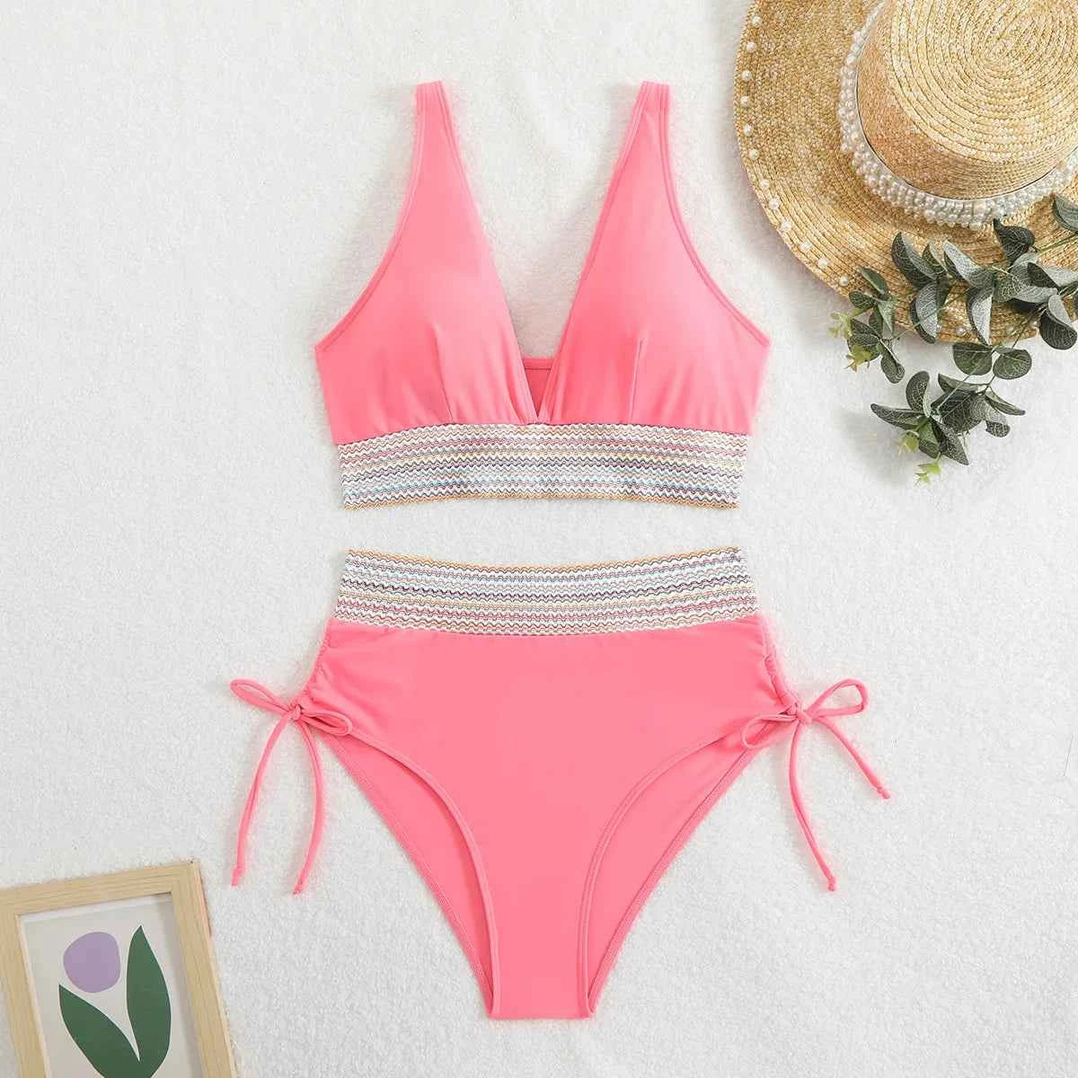 Drawstring Color-Block Bikini Set