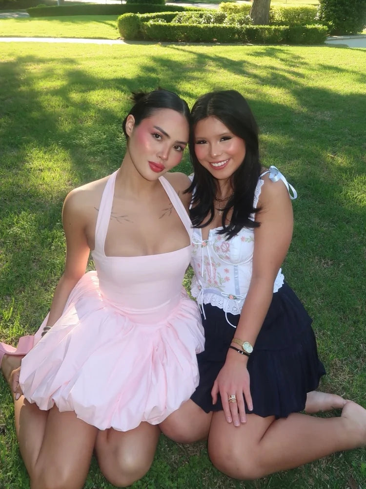 Bellanica - Elegant Pink Halter Pleated Mini Dress