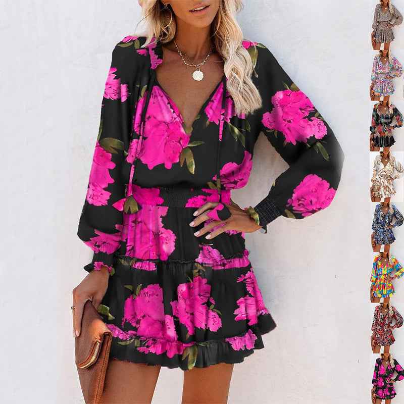 Floral Print Puff Sleeve Waist Dress