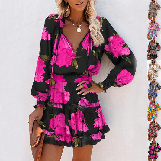 Floral Print Puff Sleeve Waist Dress