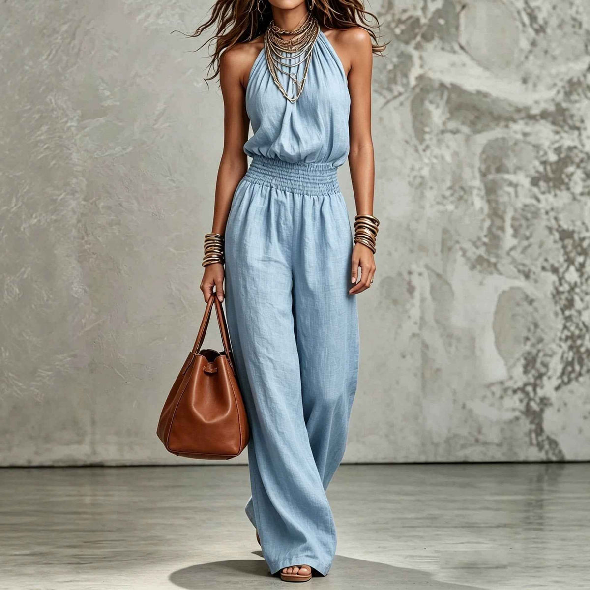 Womens Sleeveless Backless Lace-Up Halter Wide-Leg Jumpsuit Pants