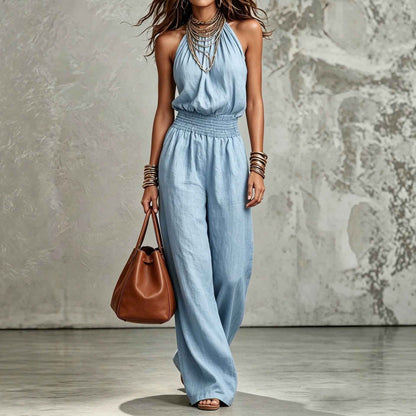 Womens Sleeveless Backless Lace-Up Halter Wide-Leg Jumpsuit Pants