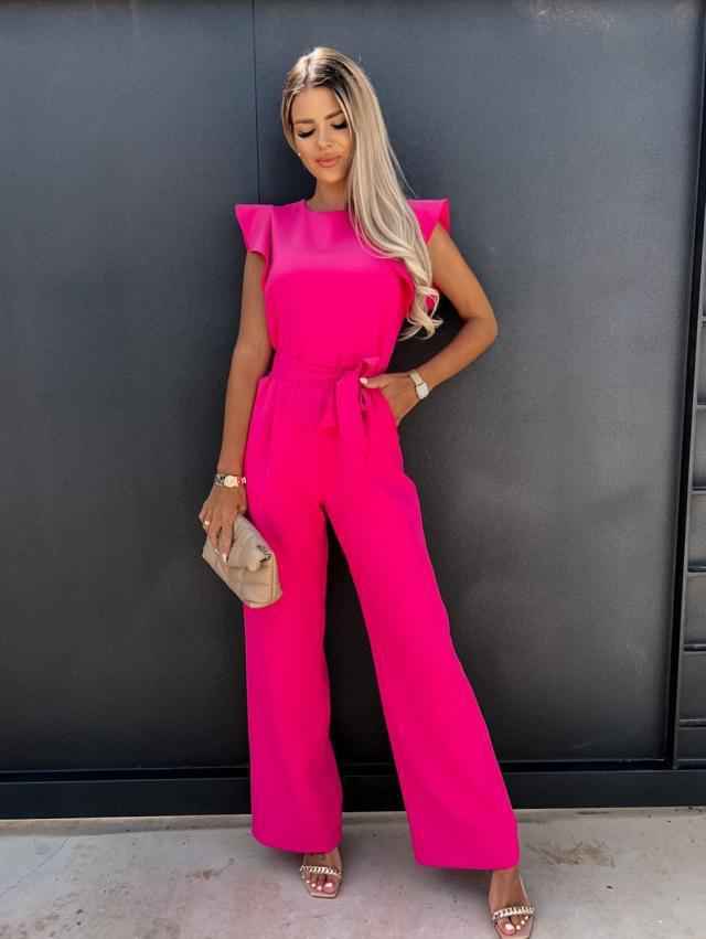 Ruffled sleeveless belted jumpsuit with pockets