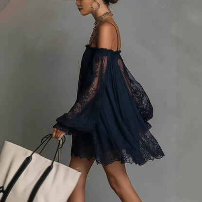 Long-Sleeve Slip Dress with Lace Detailing - back view