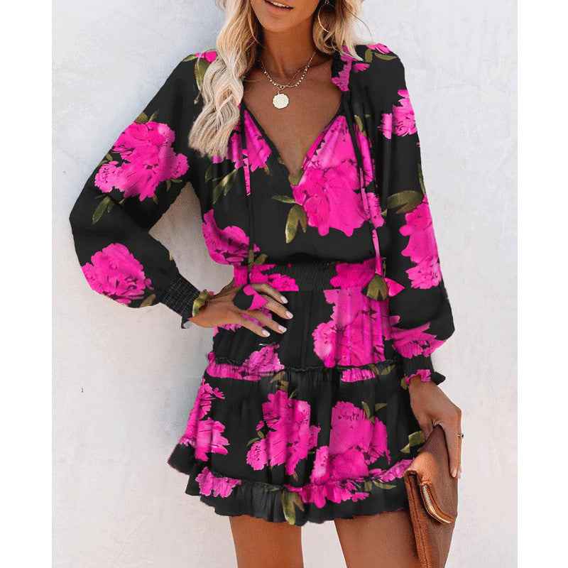 Floral Print Puff Sleeve Waist Dress