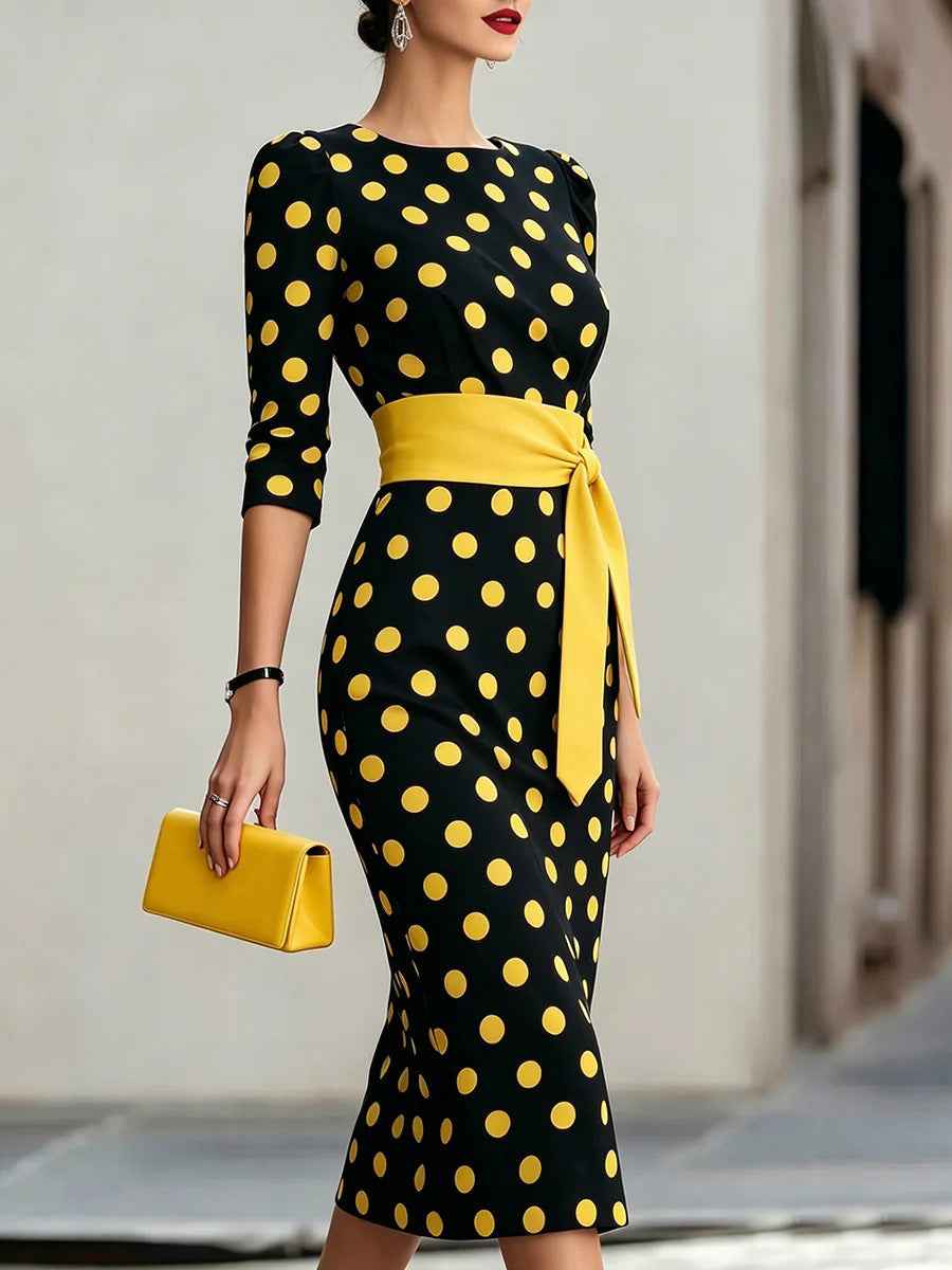 Retro Polka-dot Navy Blue Belted Waist-hugging Elegant Dress
