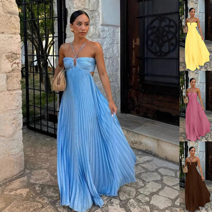 Pleated Sleeveless Halter Dress for Women | Evening Party Style