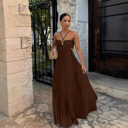 Pleated Sleeveless Halter Dress for Women | Evening Party Style