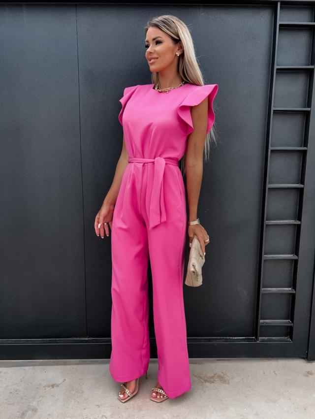 Ruffled sleeveless belted jumpsuit with pockets