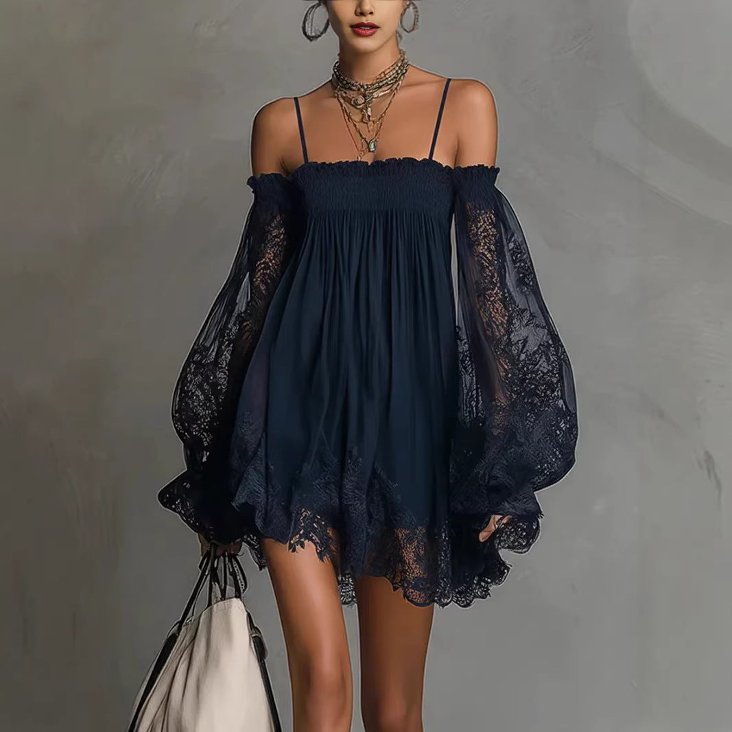 Long-sleeve Slip Dress in Solid Color with Stretchy Boat Neck and Lace Detailing