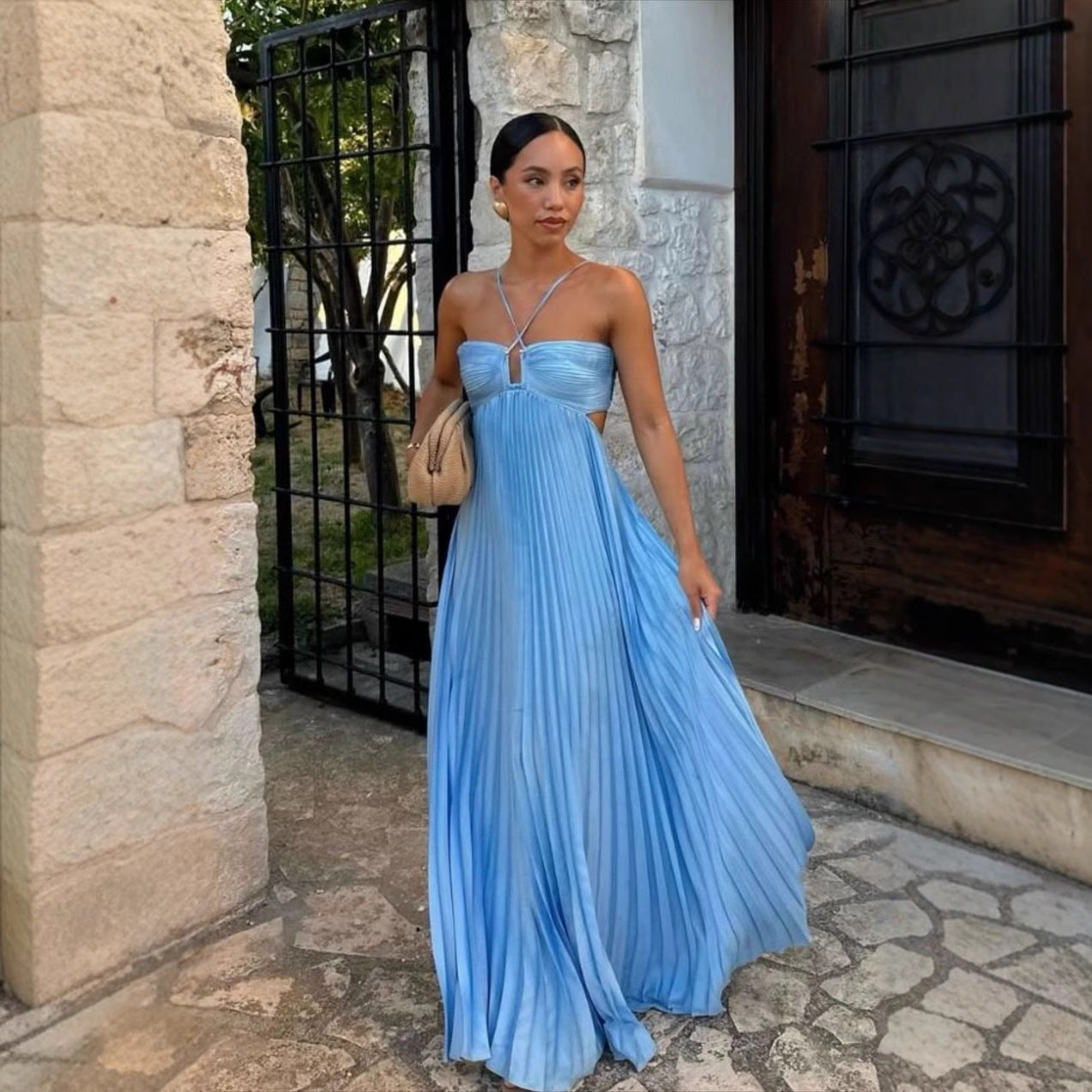 Pleated Sleeveless Halter Dress for Women | Evening Party Style