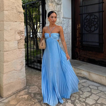 Pleated Sleeveless Halter Dress for Women | Evening Party Style