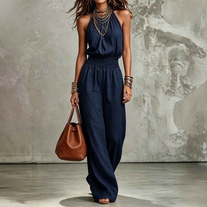Womens Sleeveless Backless Lace-Up Halter Wide-Leg Jumpsuit Pants