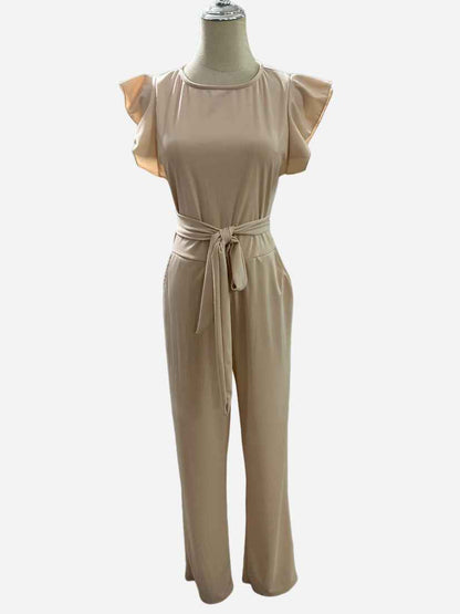 Ruffled sleeveless belted jumpsuit with pockets