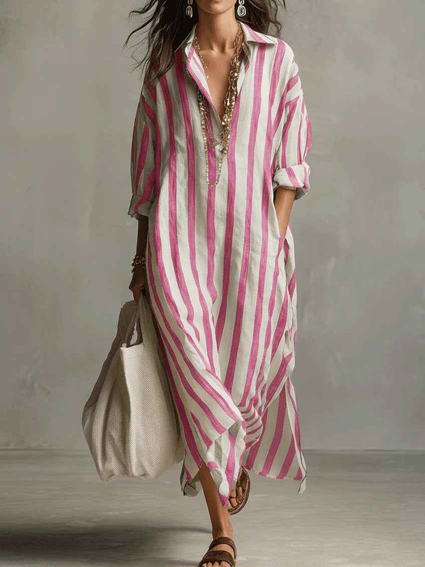 Women's Striped Print Summer Split-Collar Dress