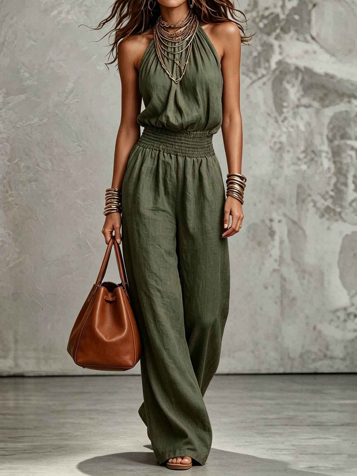 Womens Sleeveless Backless Lace-Up Halter Wide-Leg Jumpsuit Pants
