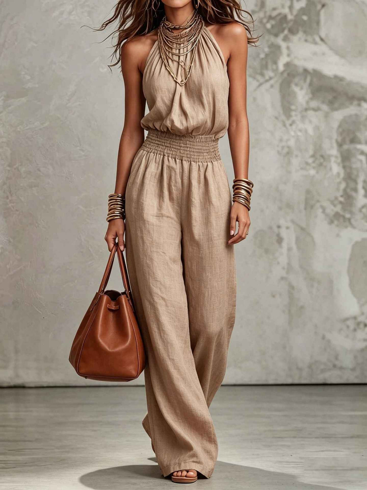 Womens Sleeveless Backless Lace-Up Halter Wide-Leg Jumpsuit Pants