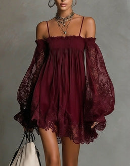 Long-Sleeve Slip Dress with Lace Detailing - side view