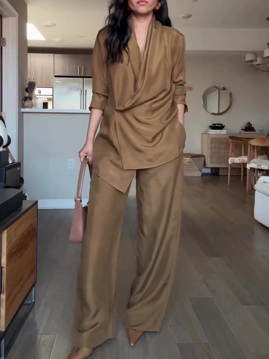 Satin Blouse and Wide Leg Pants Set | Bellanica Elegant Outfit