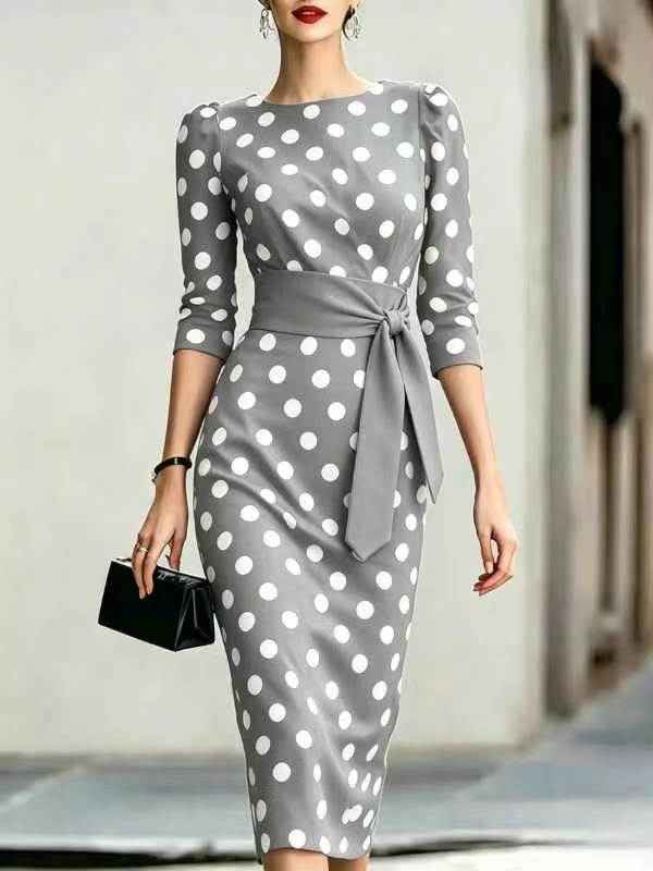 Retro Polka-dot Navy Blue Belted Waist-hugging Elegant Dress
