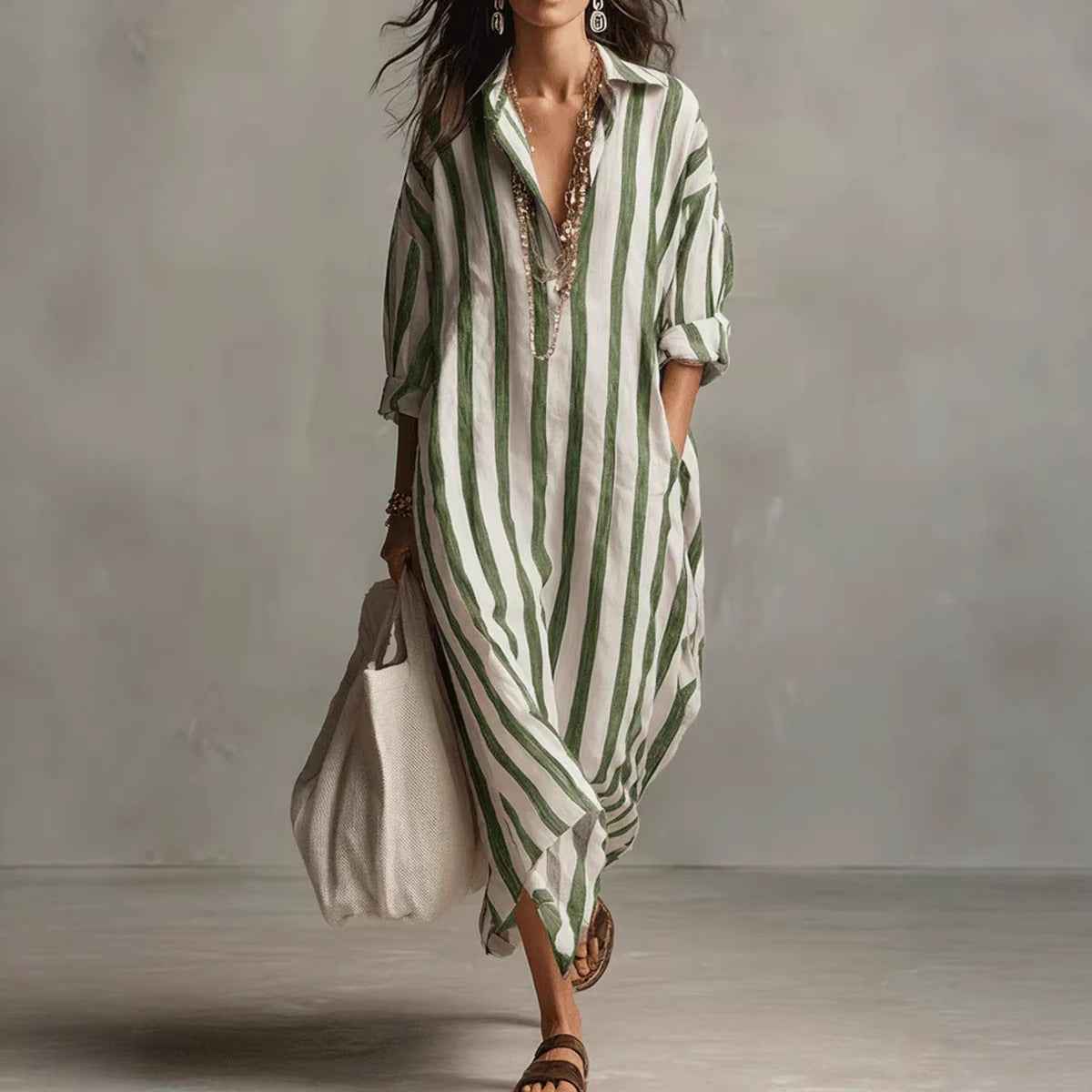 Women's Striped Print Summer Split-Collar Dress