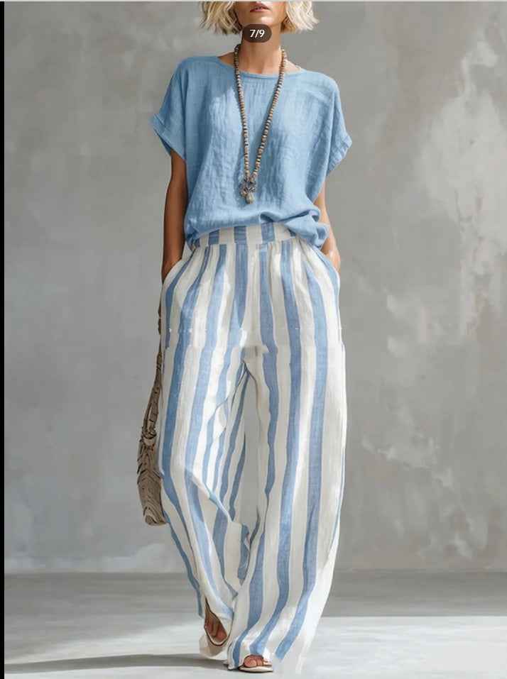 Women's Striped Summer T-Shirt Trouser Set